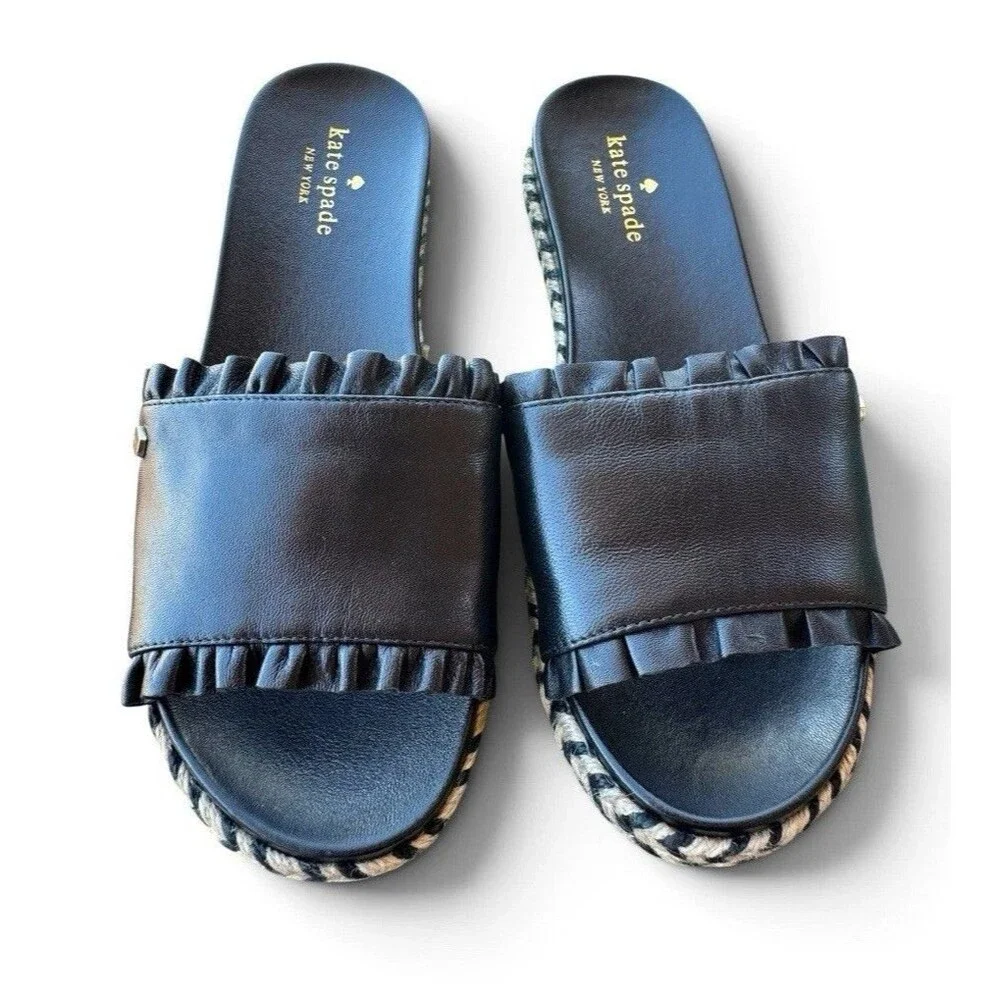 Kate Spade Zahara Sandals Black Leather Slip-On Slide Espadrille Sz 7 1/2 w/Box